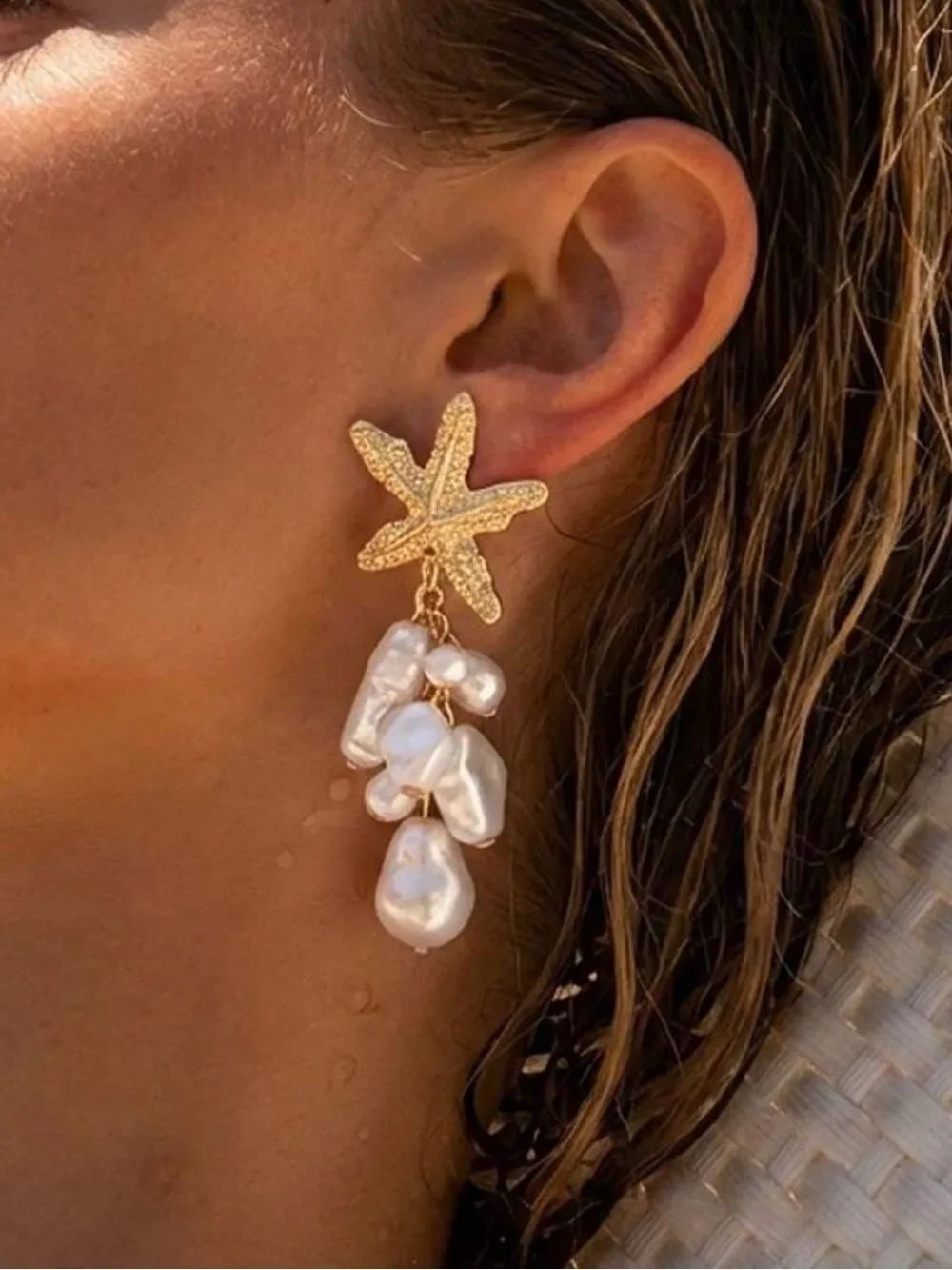 Gold Starfish Pearl Drop Earrings N1472